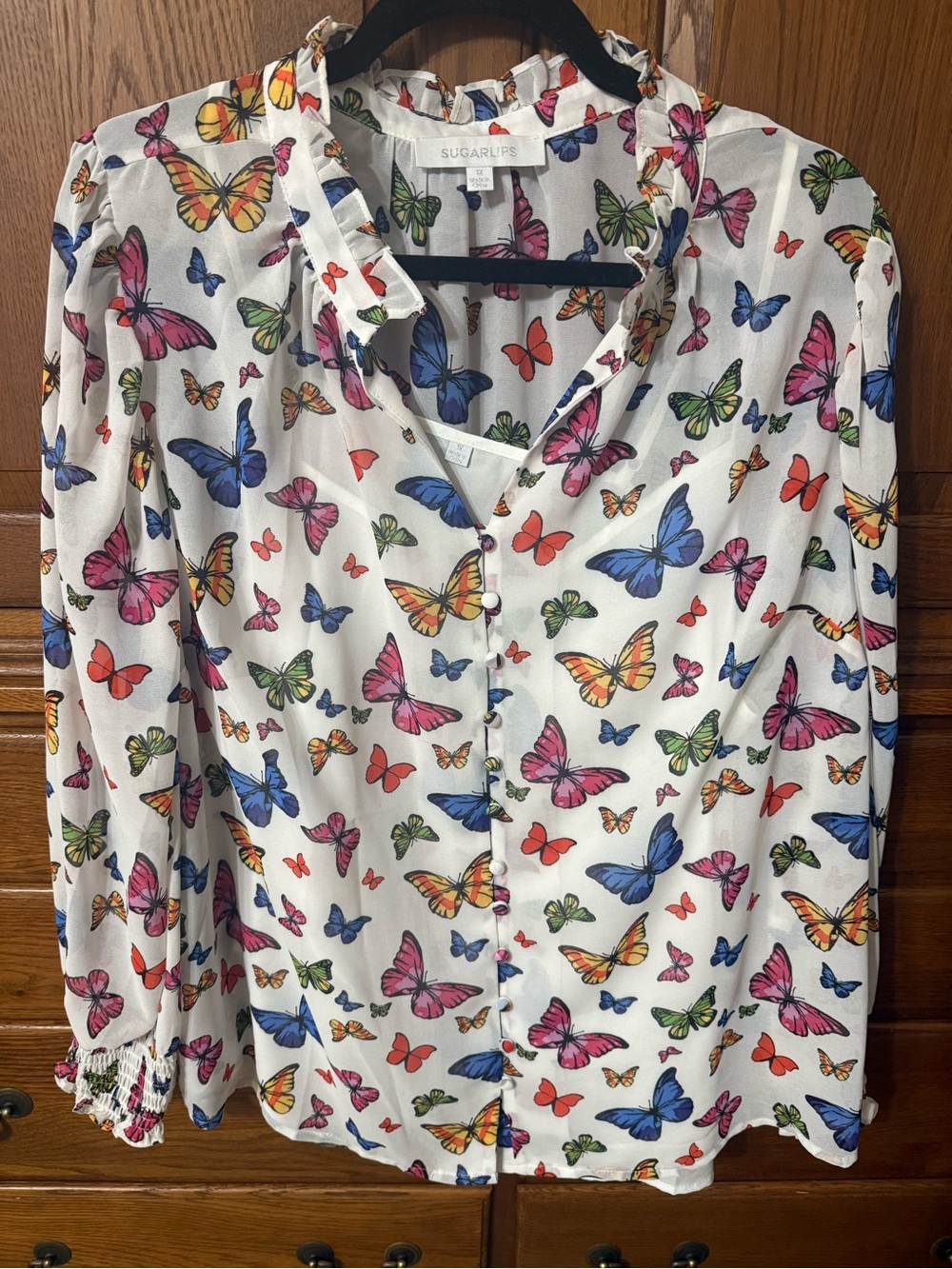 Sugarlips White Butterfly Print Button-Up Blouse
